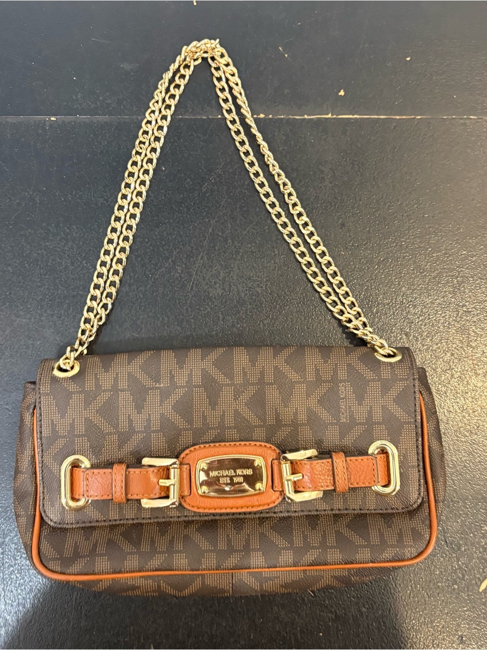 MICHAEL KORS HAMILTON CHAIN SHOULDER BAG PURSE BROWN SIGNATURE